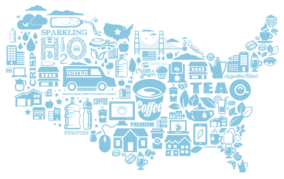 Sparkletts breakroom supplier map graphic depicts delivery of full range of bottled water, beverages, coffee brands & products in Southern California, Nevada, Texas, Arizona, Oklahoma, Utah and Louisiana